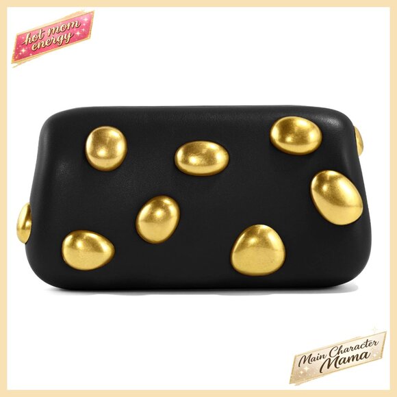 Handbags - Elegant PU Leather Clutch with Gold Studs, Chain Strap, Slim Evening Bag
